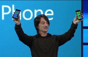 Microsoft's Joe Belfiore with new Windows Phone devices from Micromax and Prestigio. 