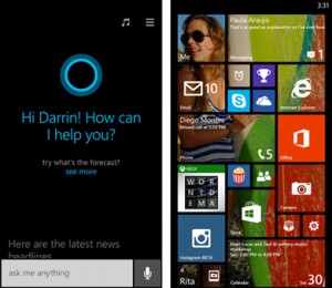 The new Cortana feature (left) and the customizable start screen. 