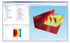 Figure 2: Overview of the COMSOL Desktop. Simulation of a common heat sink is shown, where fluid dynamics and heat transfer are coupled.