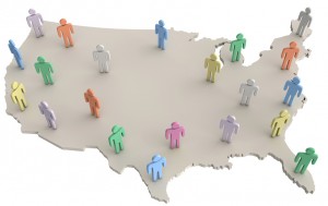 USA population people standing on America map
