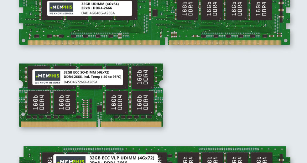 32GB DDR4 UDIMM and SO-DIMM modules with or without ECC in commercial and industrial temp ratings.