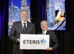 Applied Materials CEO Gary Dickerson, left, and Tokyo Electron Chairman and CEO Tetsuro (Terry) Higashi, right, unveil 'Eteris™,' the new name of their combined company once the merger is approved, at an event on Monday, July 7, 2014, in San Francisco, Calif.​