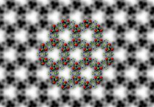 Symmetry-imposed and lattice-averaged HRTEM image of the metal–organic framework ZIF-8 (black and white) with a structural model overlaid to show the position of the zinc ions and organic ligands (in color). Copyright : © 2017 KAUST Ivan D. Gromicho 