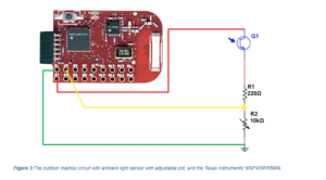 Figure 3:The outdoor mailbox circuit with ambient light sensor with adjustable pot, and the Texas Instruments' MSP430FR5969.