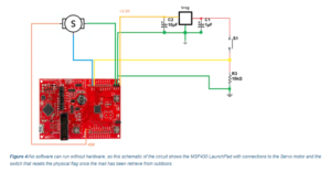 Figure 4:No software can run without hardware, so this schematic of the circuit shows the MSP430 LaunchPad with connections to the Servo motor and the switch that resets the physical flag once the mail has been retrieve from outdoors.